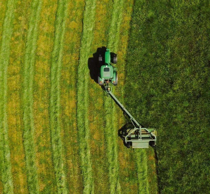 A mower working a grass field, seen from above
